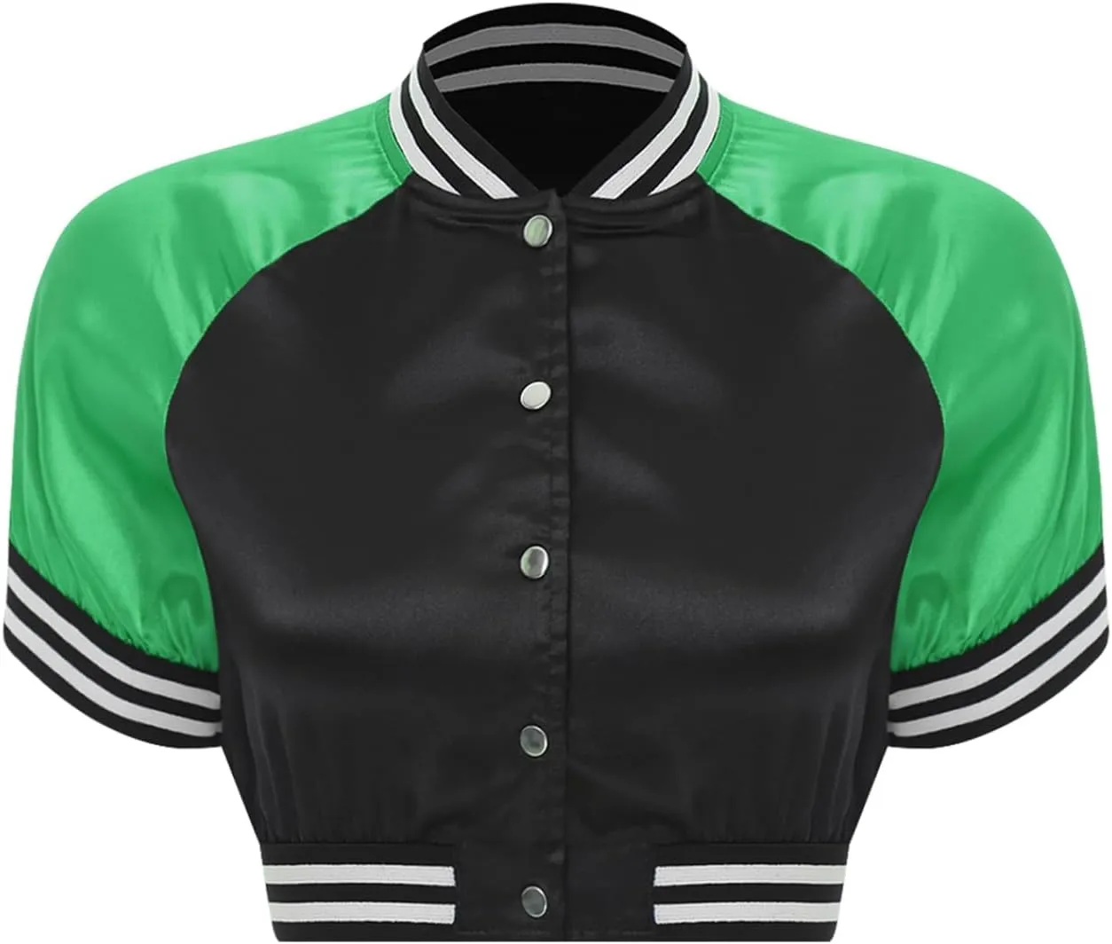 Vxuxlje Women's Short Sleeve Satin Bomber Jacket Striped Edge Button Down Cropped Varsity Jacket