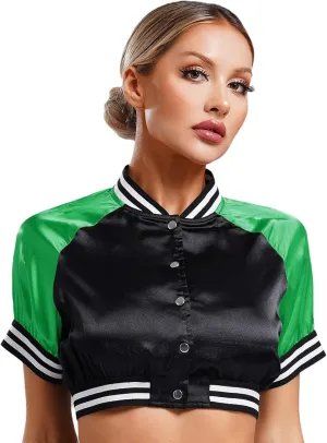 Vxuxlje Women's Short Sleeve Satin Bomber Jacket Striped Edge Button Down Cropped Varsity Jacket