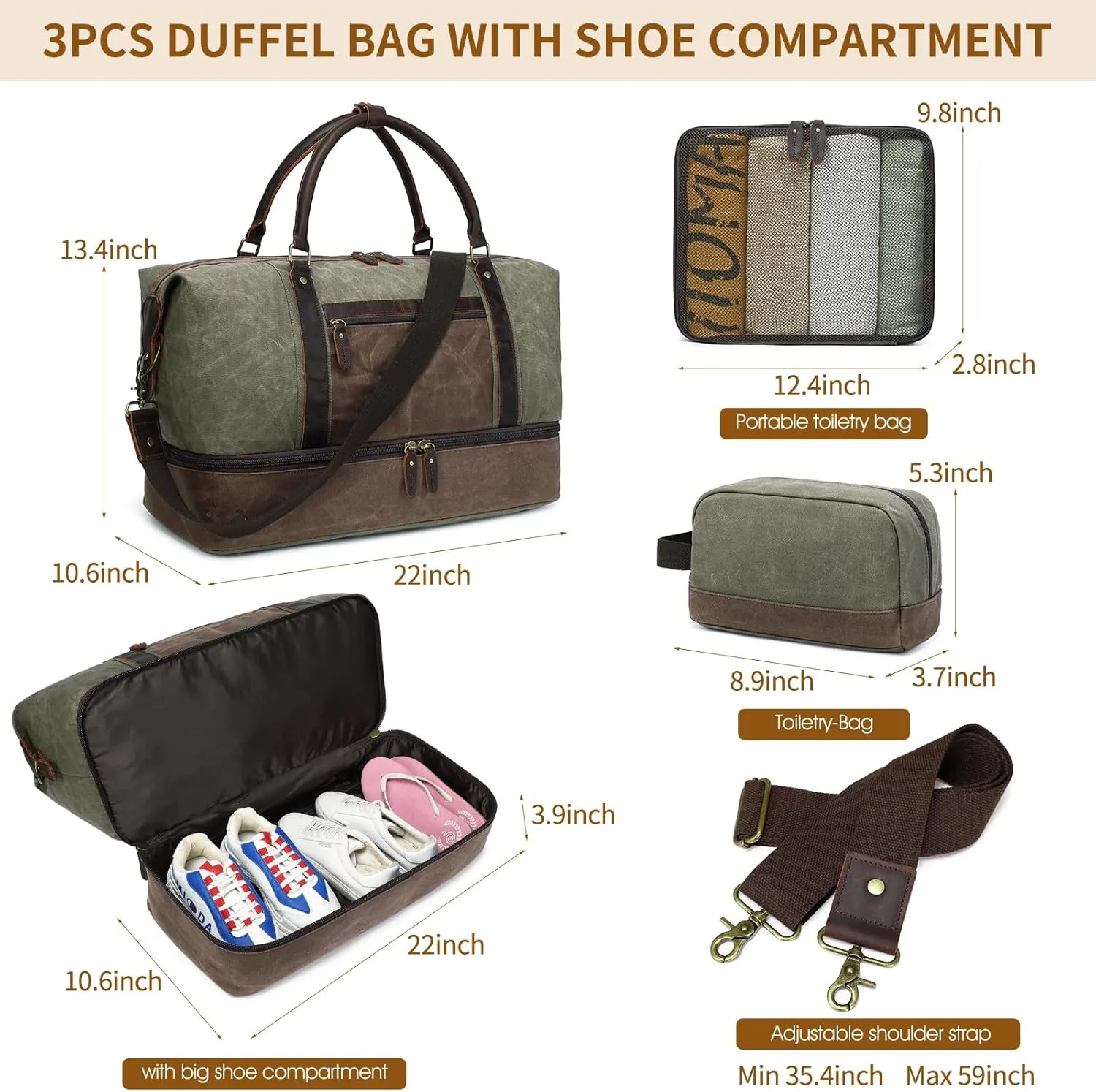 Waxed Canvas Duffle Bag for Travel: Vintage Weekender Overnight Bag Waterproof Duffel Bag with Shoe Compartment & 2 Packing Cubes, Heavy Duty Camping Flight Bags for Mens (Green)