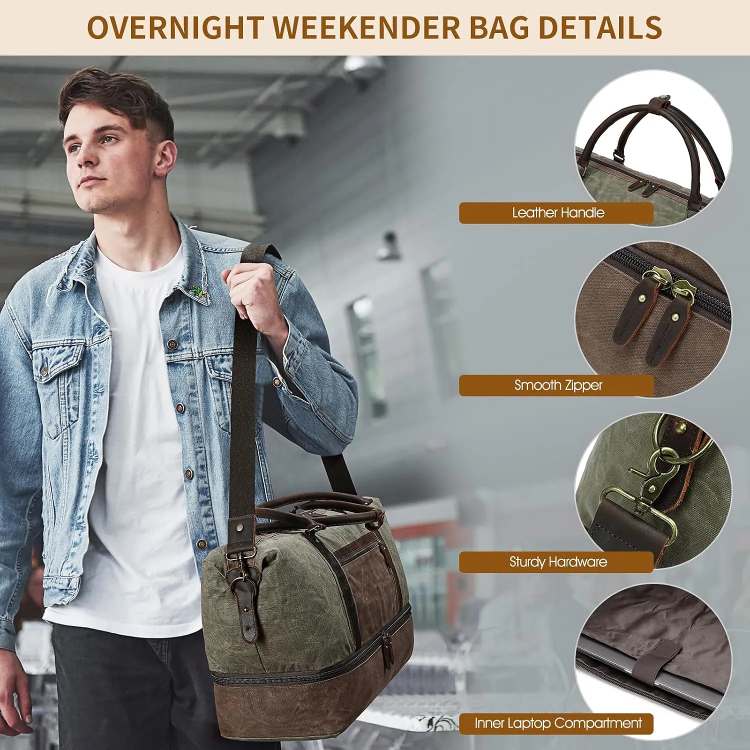 Waxed Canvas Duffle Bag for Travel: Vintage Weekender Overnight Bag Waterproof Duffel Bag with Shoe Compartment & 2 Packing Cubes, Heavy Duty Camping Flight Bags for Mens (Green)