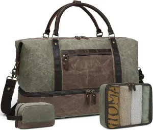Waxed Canvas Duffle Bag for Travel: Vintage Weekender Overnight Bag Waterproof Duffel Bag with Shoe Compartment & 2 Packing Cubes, Heavy Duty Camping Flight Bags for Mens (Green)