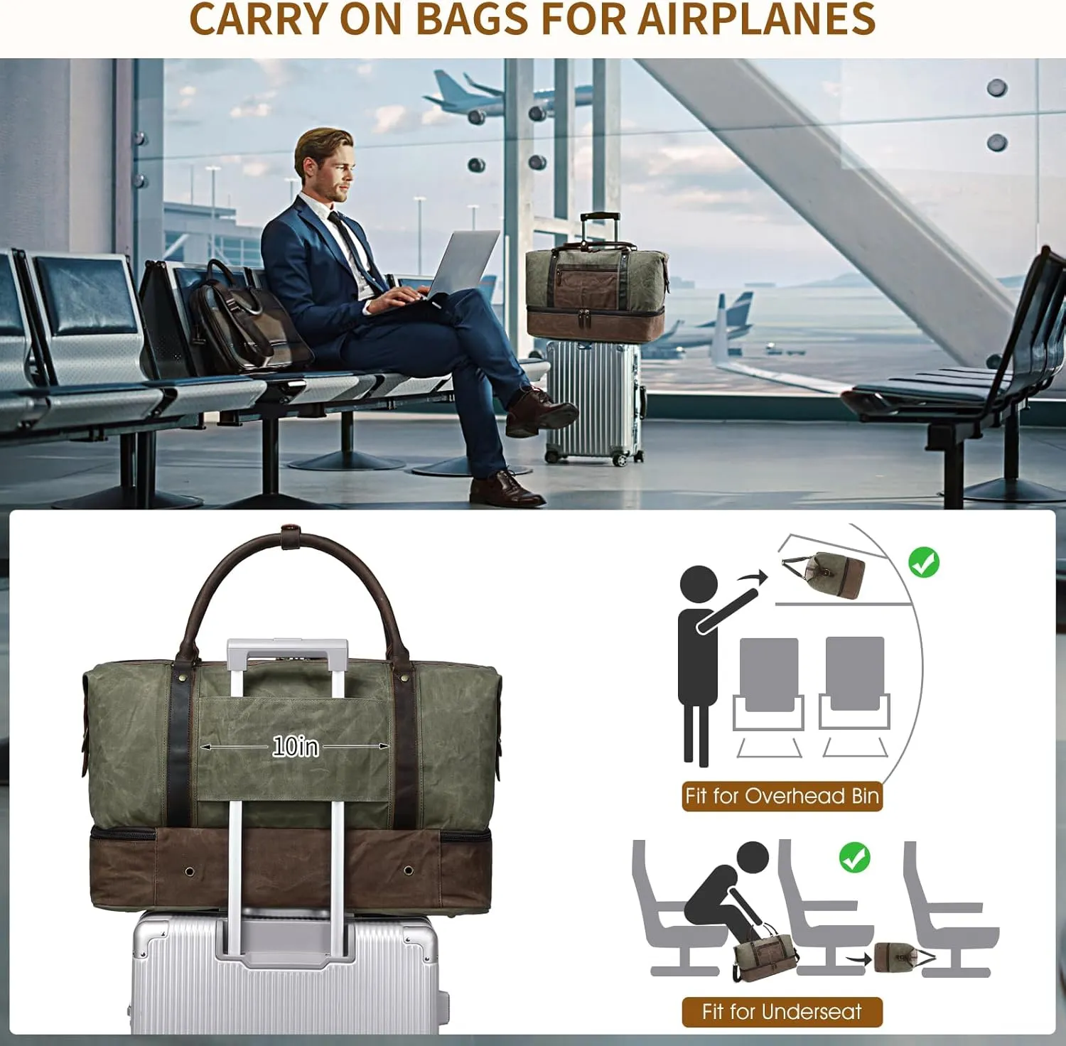 Waxed Canvas Duffle Bag for Travel: Vintage Weekender Overnight Bag Waterproof Duffel Bag with Shoe Compartment & 2 Packing Cubes, Heavy Duty Camping Flight Bags for Mens (Green)