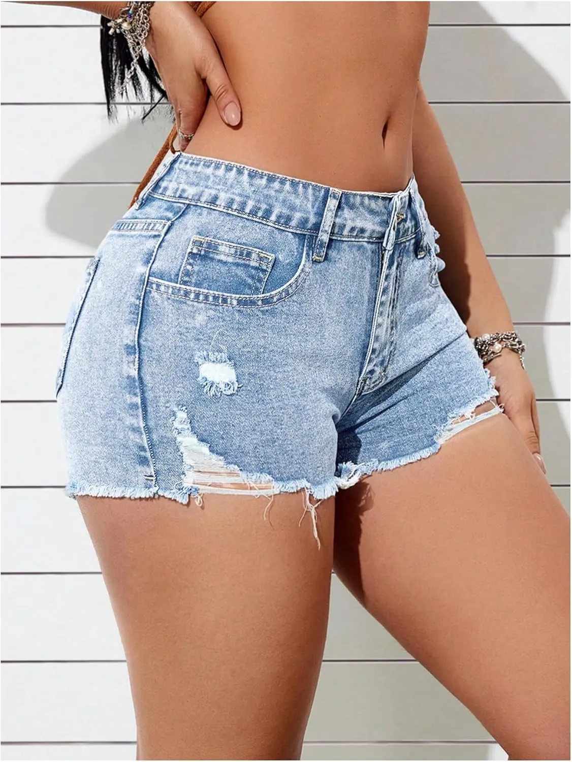 WDIRARA Women's Stretchy Ripped Jean Shorts Low Rise Raw Hem Skinny Denim Shorts
