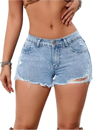 WDIRARA Women's Stretchy Ripped Jean Shorts Low Rise Raw Hem Skinny Denim Shorts