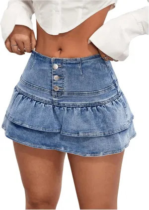 WDIRARA Women's Tiered Layer Ruffle Denim Skorts Y2k Button Front Mini Skirt Shorts