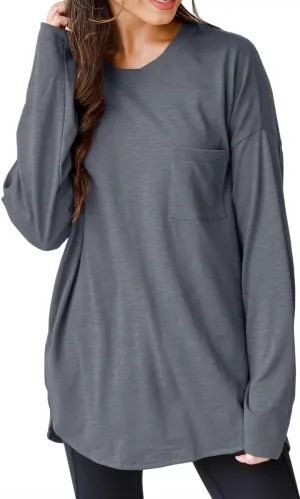 Wihion Women Oversized Long Sleeve T-Shirts Cotton Casual Crewneck Solid Tunic Tops with Pocket