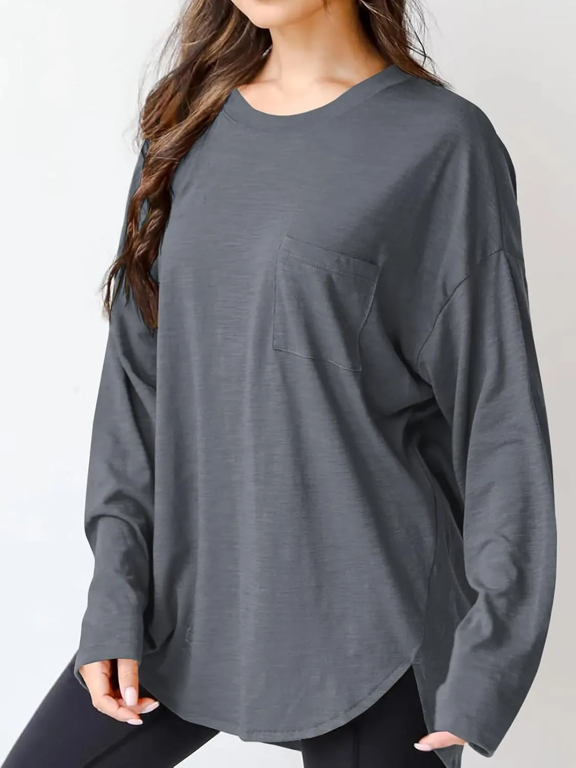 Wihion Women Oversized Long Sleeve T-Shirts Cotton Casual Crewneck Solid Tunic Tops with Pocket