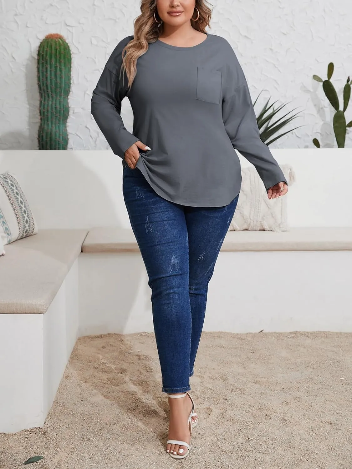 Wihion Women Oversized Long Sleeve T-Shirts Cotton Casual Crewneck Solid Tunic Tops with Pocket