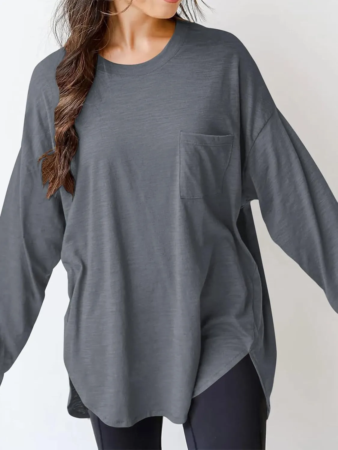 Wihion Women Oversized Long Sleeve T-Shirts Cotton Casual Crewneck Solid Tunic Tops with Pocket