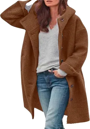 Winter Hooded Coats for Womens Casual Single-Breasted Wool Coats Trendy Lapel Button Cardigan Warm Jackets