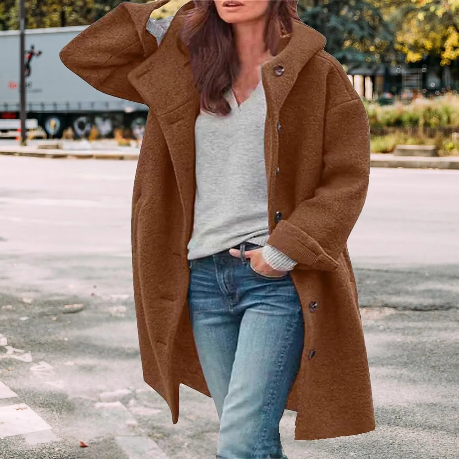Winter Hooded Coats for Womens Casual Single-Breasted Wool Coats Trendy Lapel Button Cardigan Warm Jackets