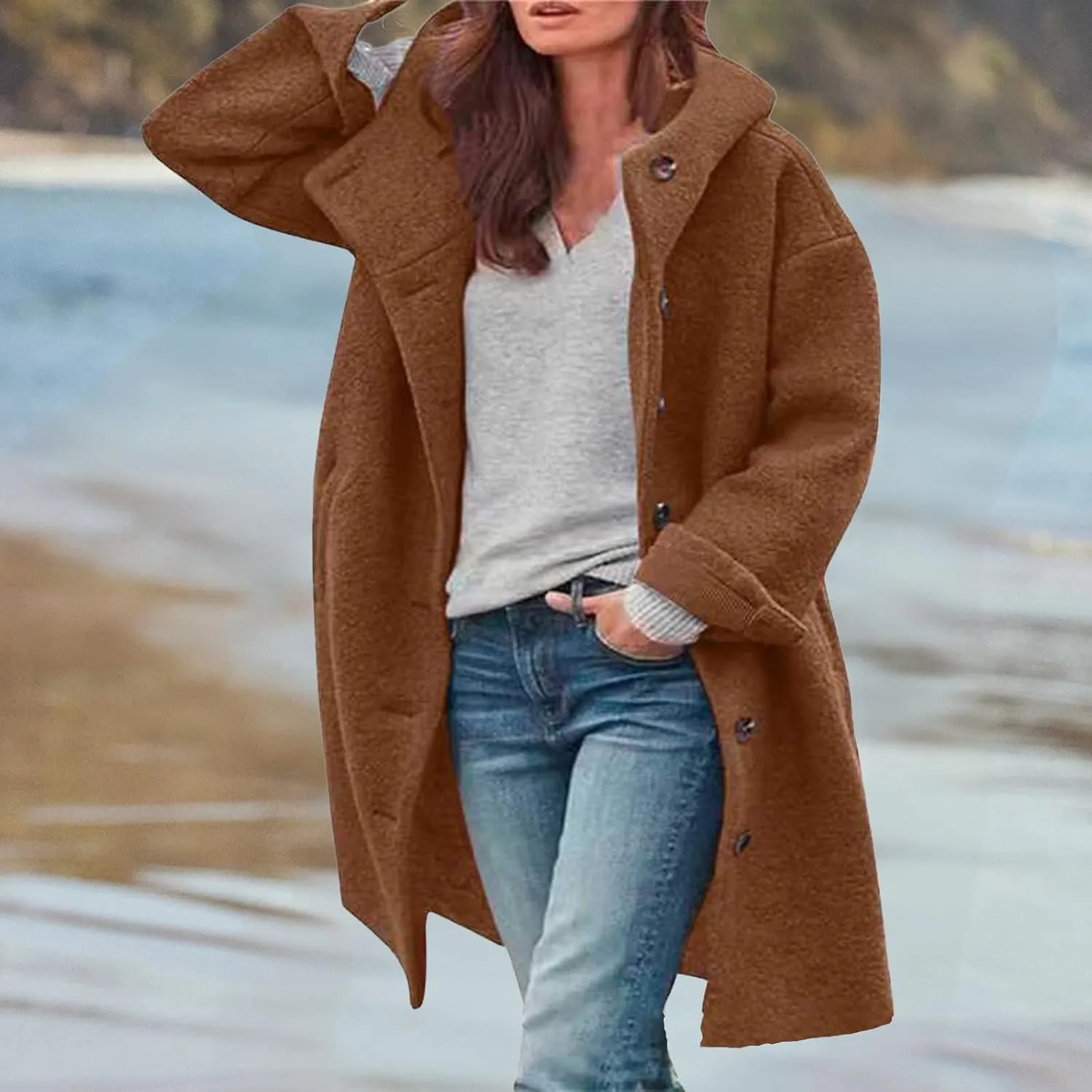 Winter Hooded Coats for Womens Casual Single-Breasted Wool Coats Trendy Lapel Button Cardigan Warm Jackets