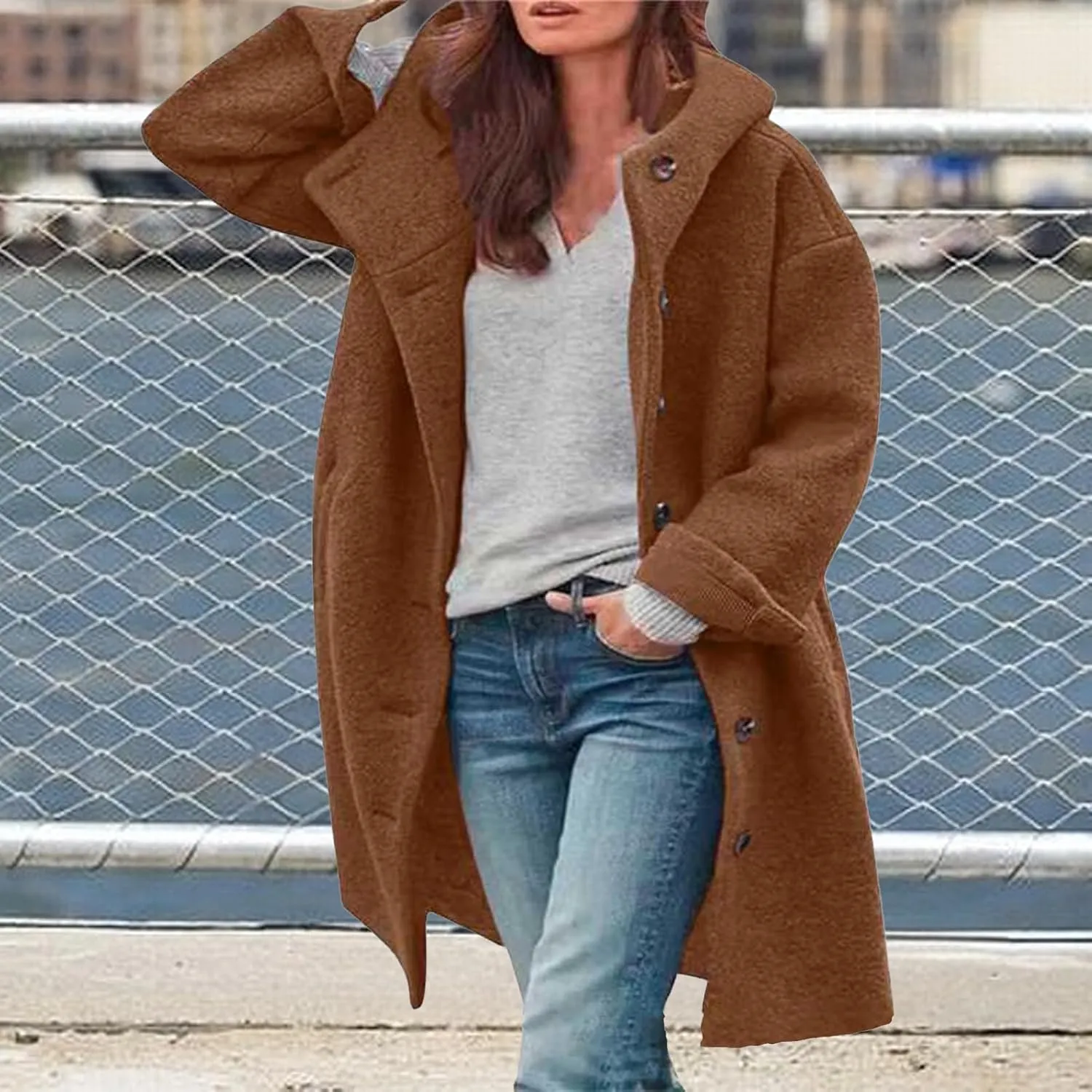 Winter Hooded Coats for Womens Casual Single-Breasted Wool Coats Trendy Lapel Button Cardigan Warm Jackets