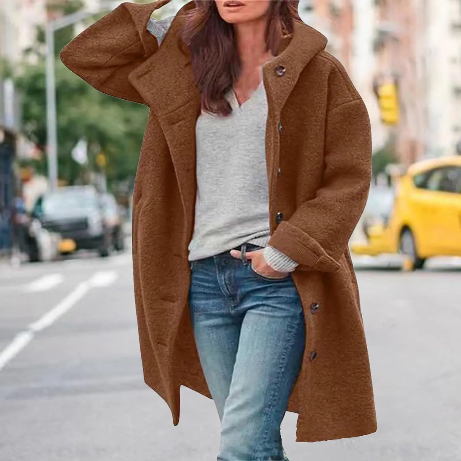 Winter Hooded Coats for Womens Casual Single-Breasted Wool Coats Trendy Lapel Button Cardigan Warm Jackets