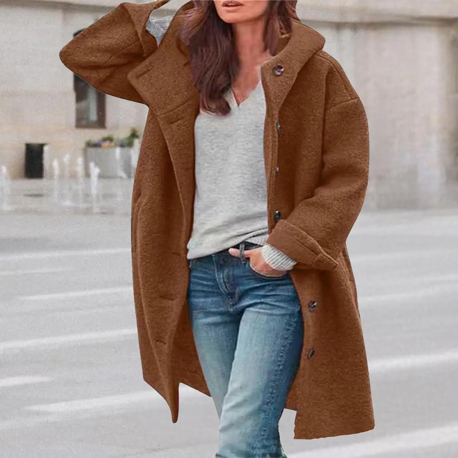Winter Hooded Coats for Womens Casual Single-Breasted Wool Coats Trendy Lapel Button Cardigan Warm Jackets