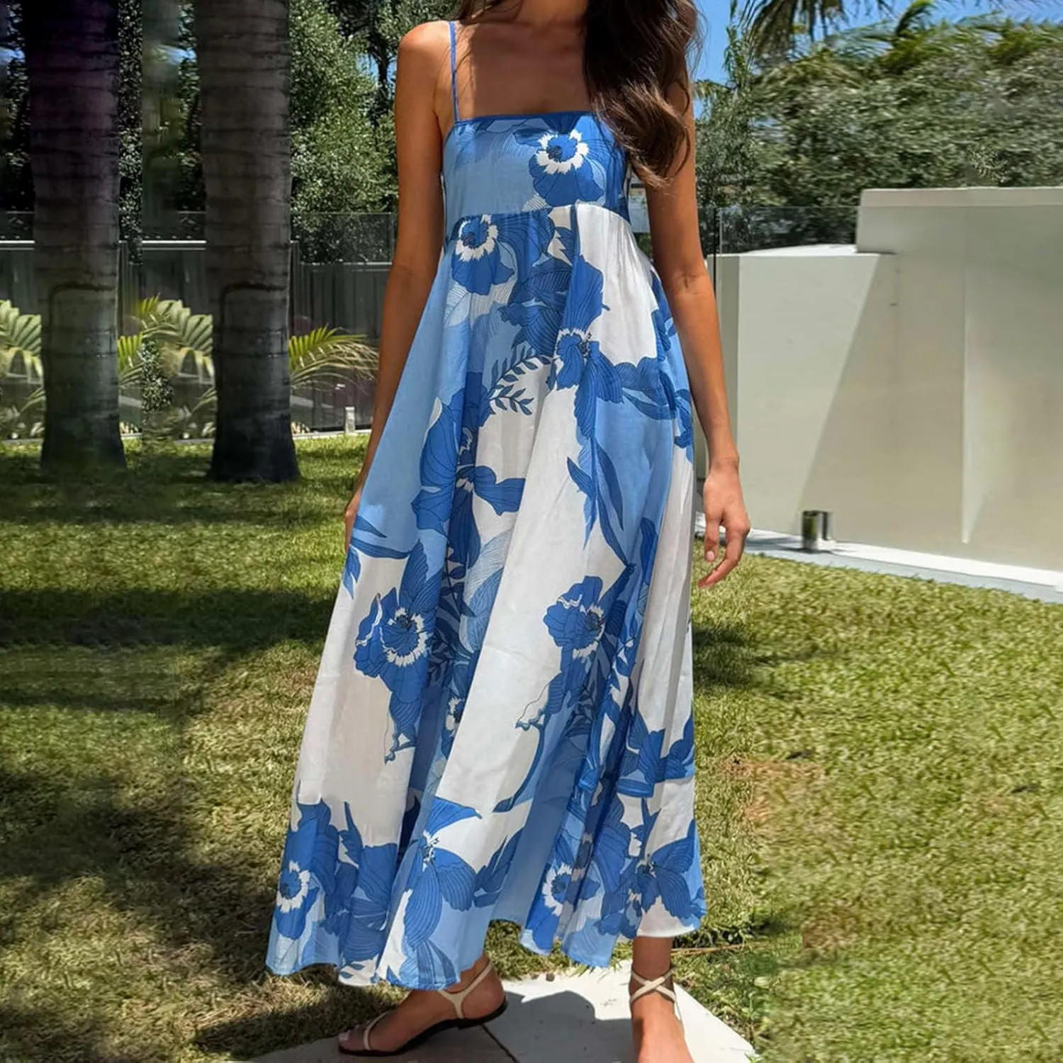 Women Bohemian Floral Maxi Dress Spaghetti Strap Backless Graphic Long Flowy Dress Summer Vacation Beach Sundress