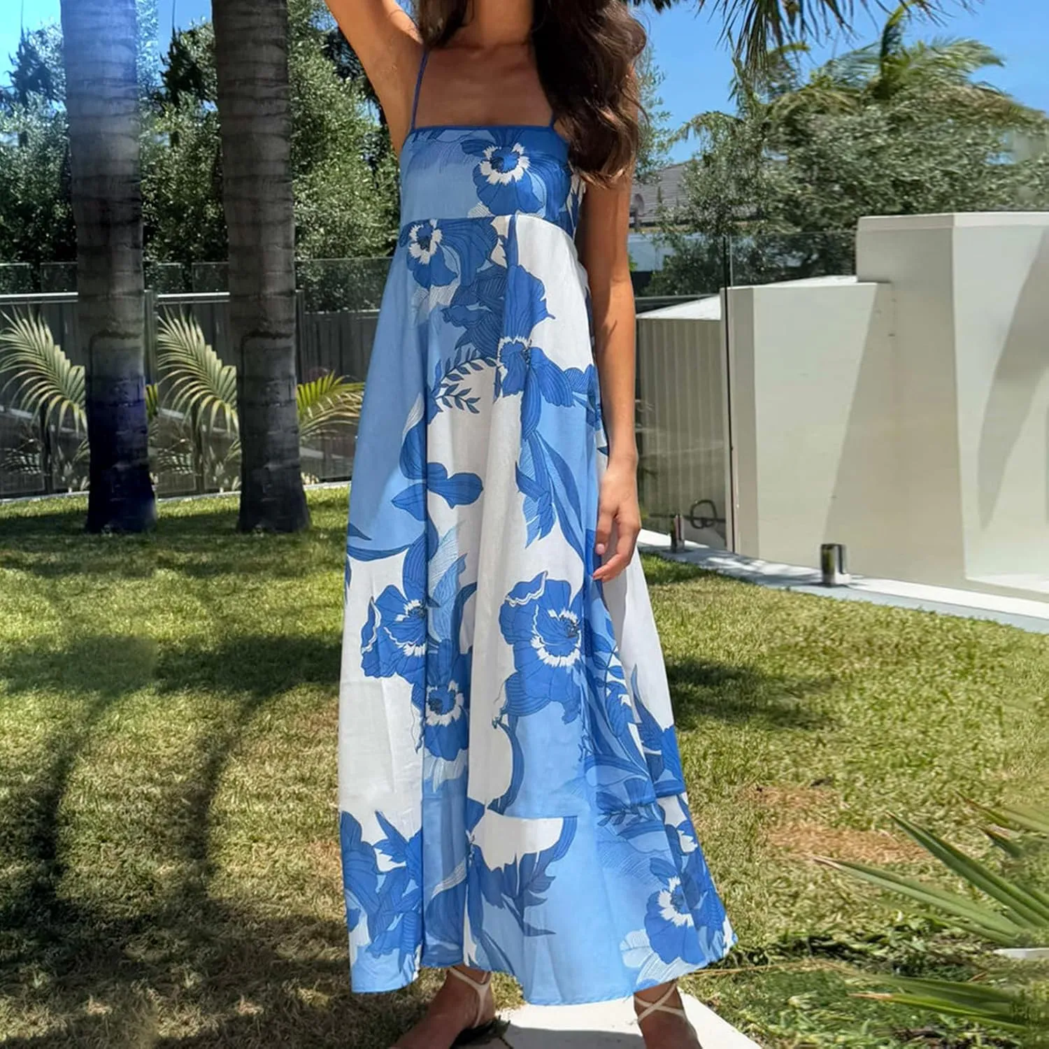 Women Bohemian Floral Maxi Dress Spaghetti Strap Backless Graphic Long Flowy Dress Summer Vacation Beach Sundress