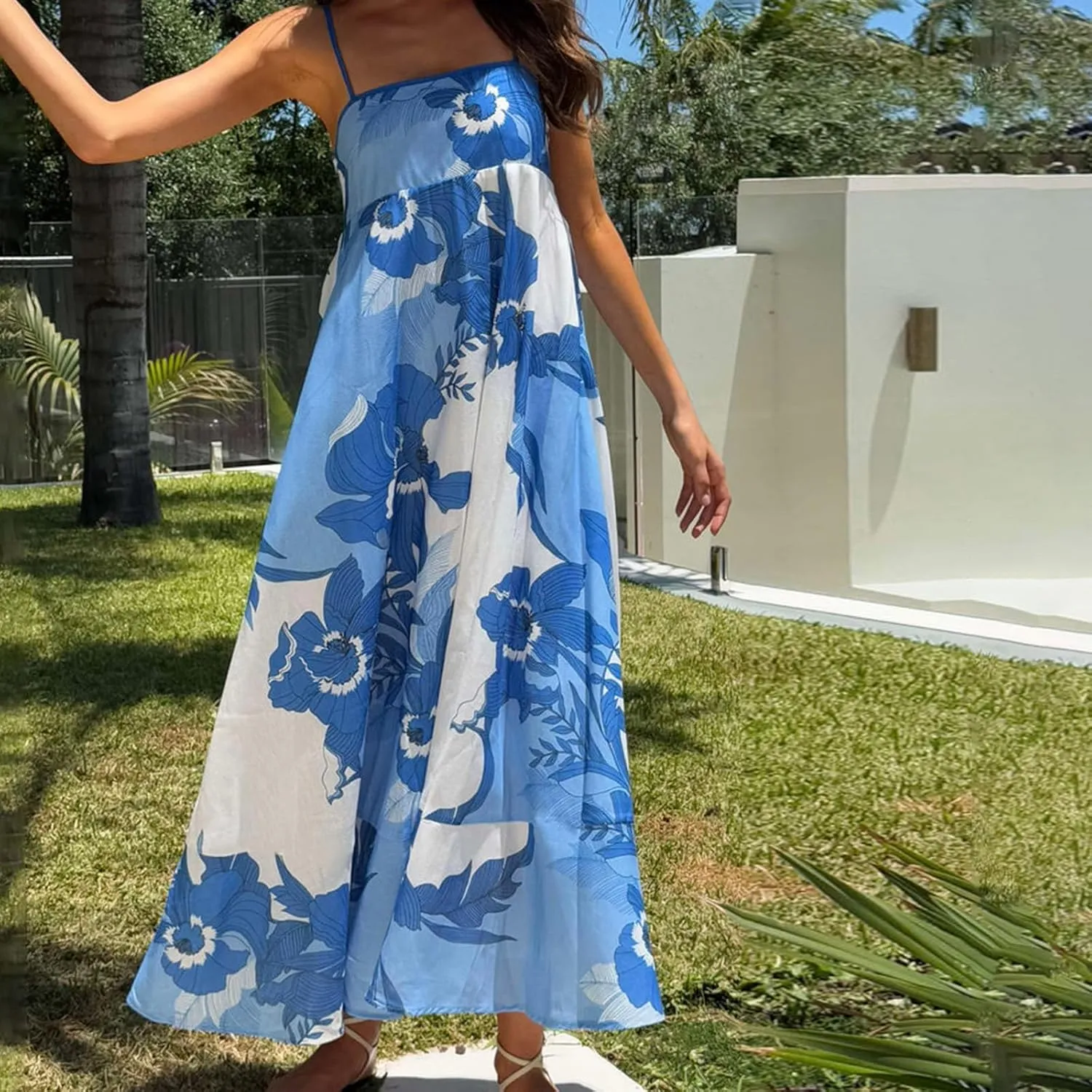 Women Bohemian Floral Maxi Dress Spaghetti Strap Backless Graphic Long Flowy Dress Summer Vacation Beach Sundress