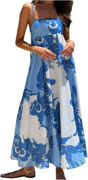 Women Bohemian Floral Maxi Dress Spaghetti Strap Backless Graphic Long Flowy Dress Summer Vacation Beach Sundress