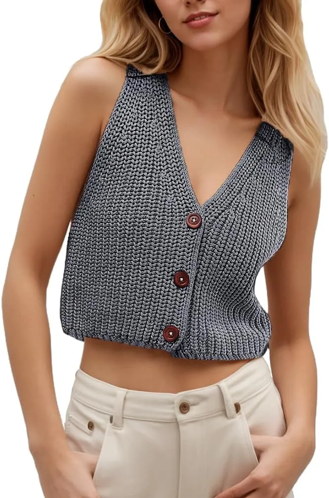 Women Button Up Ribbed Knit Crop Sweater Vest Sleeveless Solid Slim Fit Deep V Neck Cropped Vest Cardigan