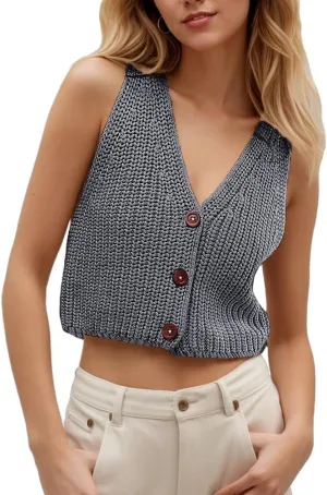 Women Button Up Ribbed Knit Crop Sweater Vest Sleeveless Solid Slim Fit Deep V Neck Cropped Vest Cardigan