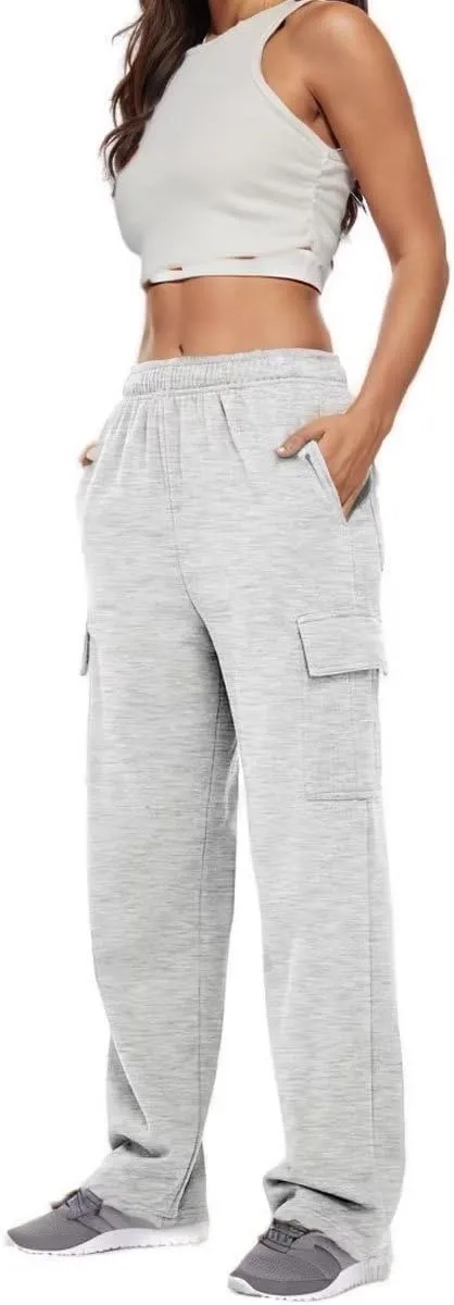 Women Cargo Sweatpants Casual Wide Leg Sweats Pants Dressy Elastic High Waist Active Lounge Trousers with Pockets