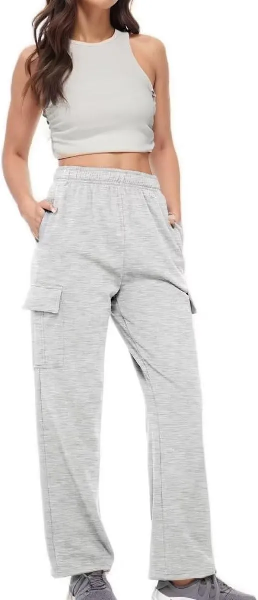 Women Cargo Sweatpants Casual Wide Leg Sweats Pants Dressy Elastic High Waist Active Lounge Trousers with Pockets