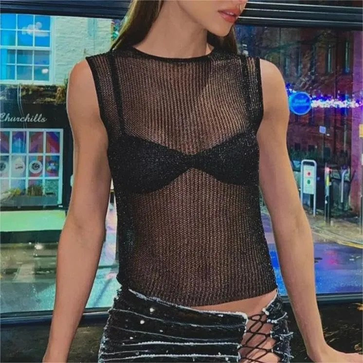 Women Floral Lace Tank Top Y2k Sexy Mesh See Through Cami Top Sleeveless Slim Fit Vest Top Summer Streetwear