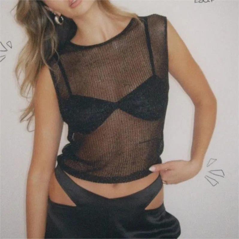 Women Floral Lace Tank Top Y2k Sexy Mesh See Through Cami Top Sleeveless Slim Fit Vest Top Summer Streetwear