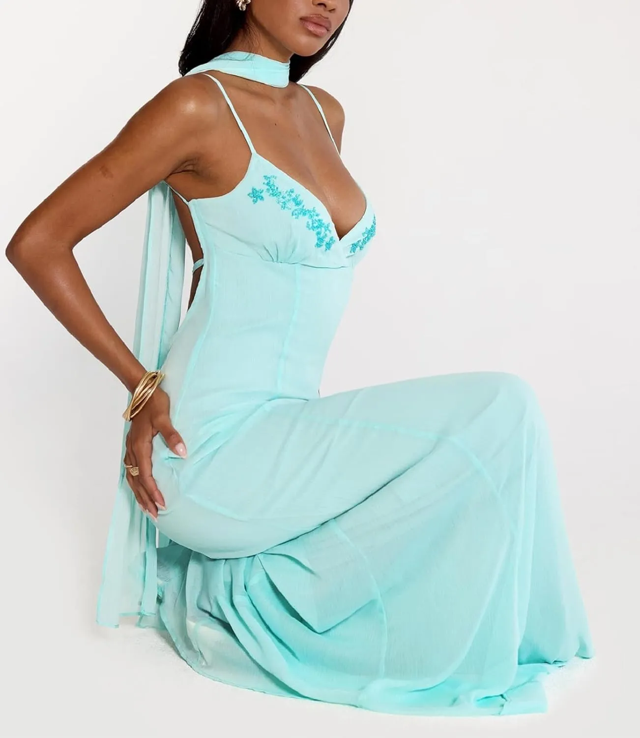 Women Floral Tube Maxi Dress with Scarf Sexy Strapless Backless Bodycon Long Dress Summer Mesh Cocktail Sundress