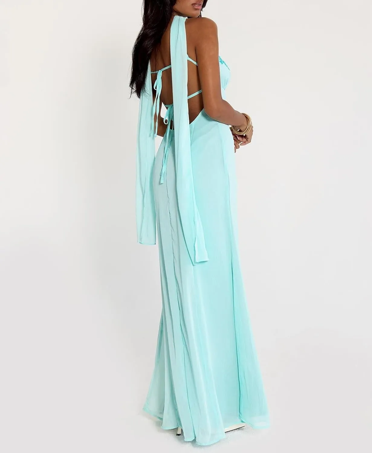 Women Floral Tube Maxi Dress with Scarf Sexy Strapless Backless Bodycon Long Dress Summer Mesh Cocktail Sundress