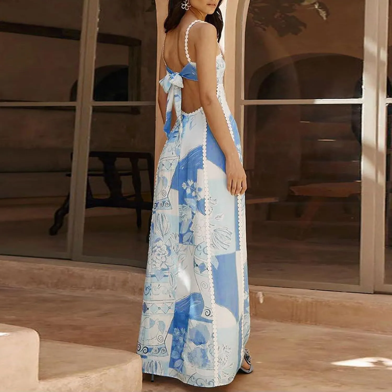 Women Graphic Maxi Cami Dress Spaghetti Strap Floral Boho Flowy Long Dresses Square Neck Colorful A Line Sundress