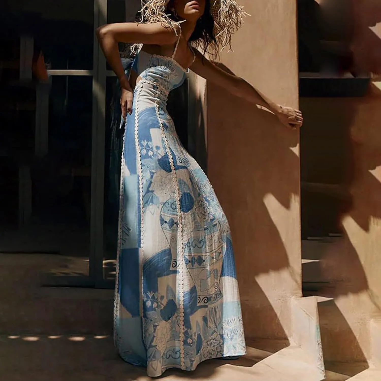 Women Graphic Maxi Cami Dress Spaghetti Strap Floral Boho Flowy Long Dresses Square Neck Colorful A Line Sundress