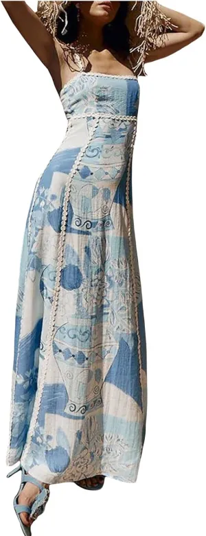 Women Graphic Maxi Cami Dress Spaghetti Strap Floral Boho Flowy Long Dresses Square Neck Colorful A Line Sundress