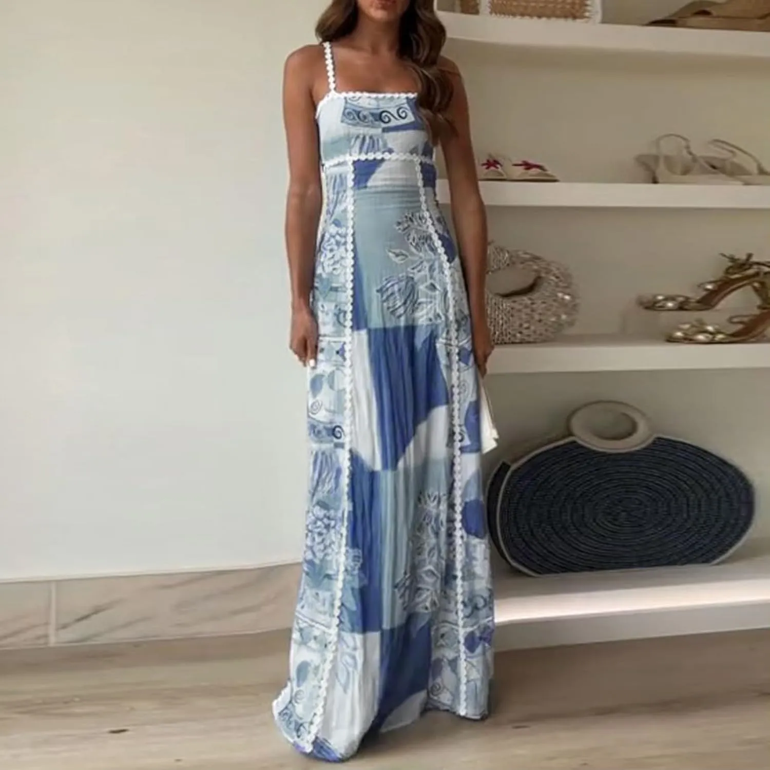 Women Graphic Maxi Cami Dress Spaghetti Strap Floral Boho Flowy Long Dresses Square Neck Colorful A Line Sundress