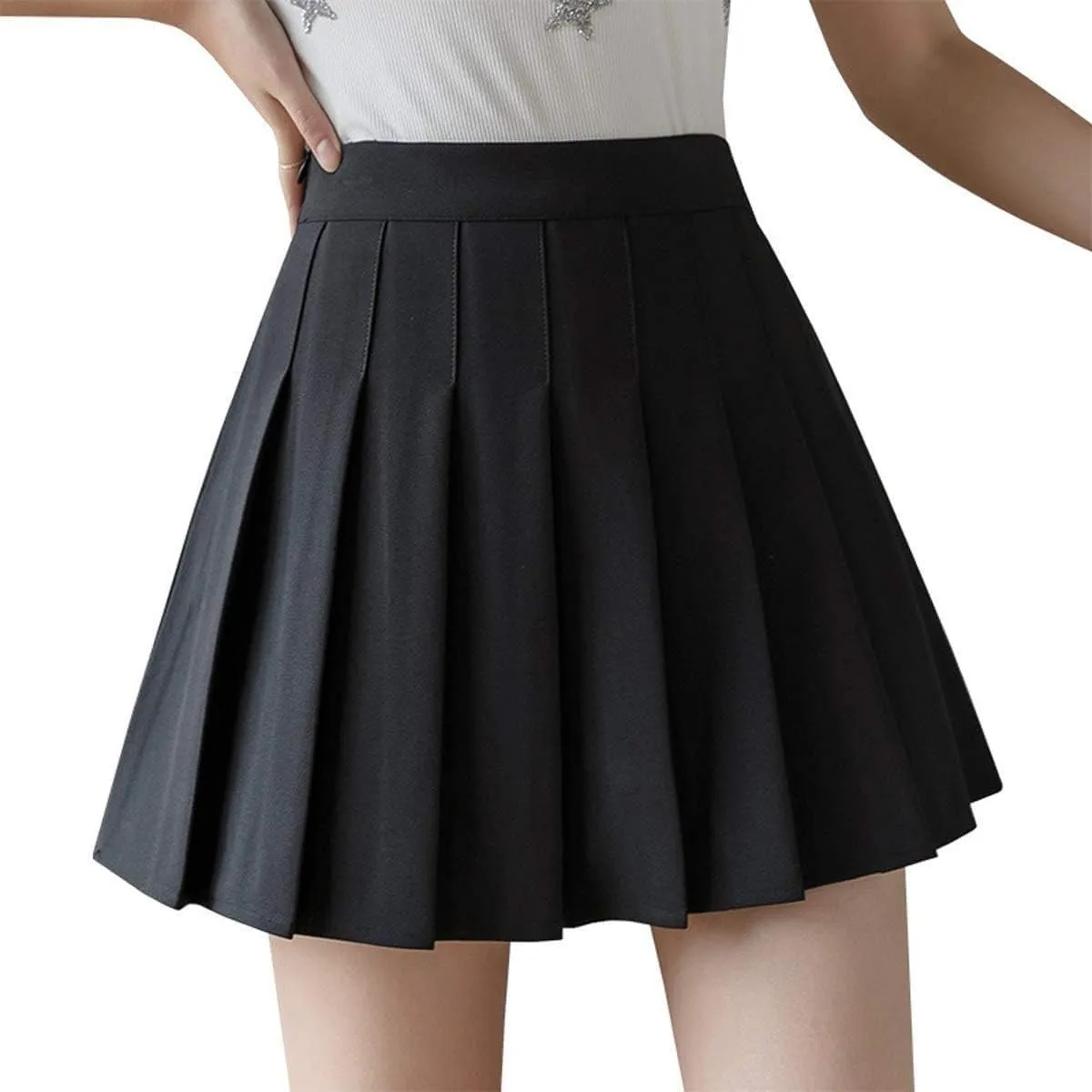 Women High Waisted Pleated Skirt Plain A-line Mini Skater Tennis Skirt School Uniform Skirts with Shorts for Girls (Black,Small)