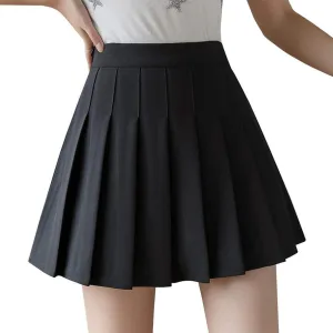 Women High Waisted Pleated Skirt Plain A-line Mini Skater Tennis Skirt School Uniform Skirts with Shorts for Girls (Black,Small)