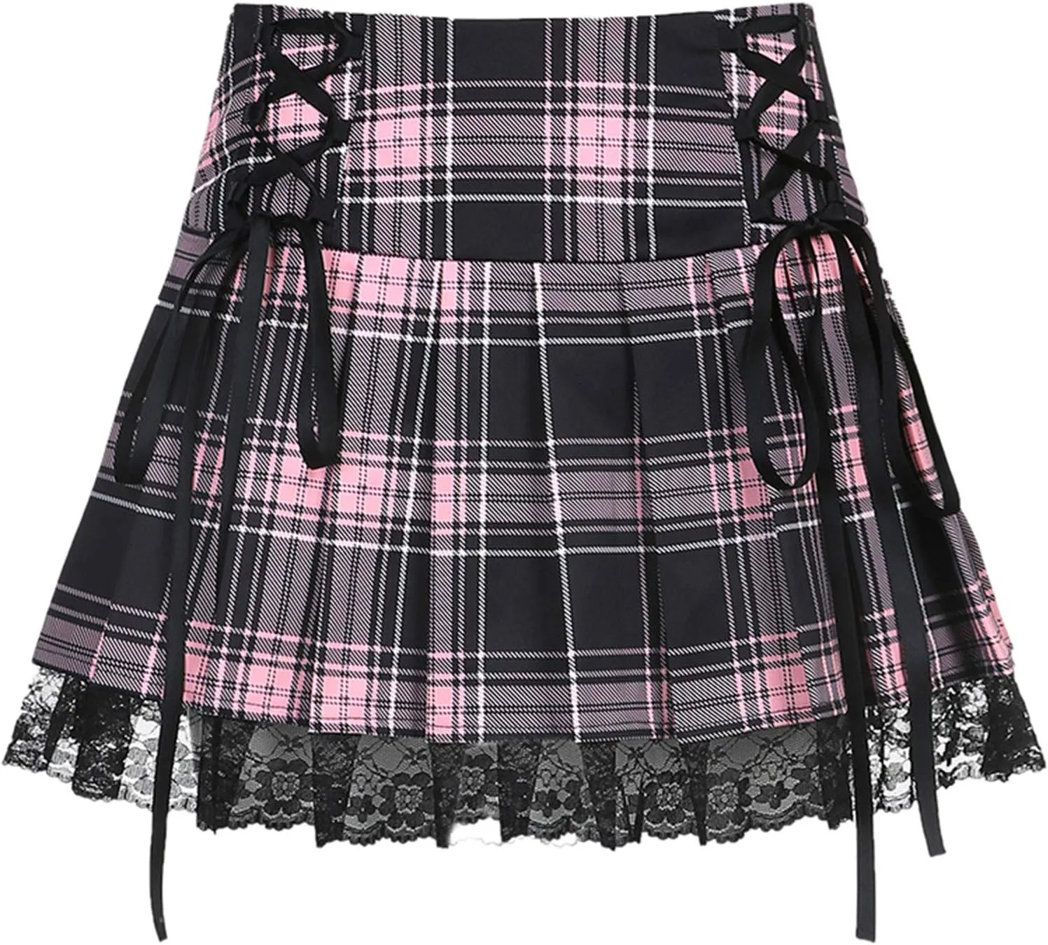 Women Lace Patchwork Pleated Skirt High Waist Gothic Short Skirt Ruffle Plaid A-Line Mini Skirt E-Girl Streetwear