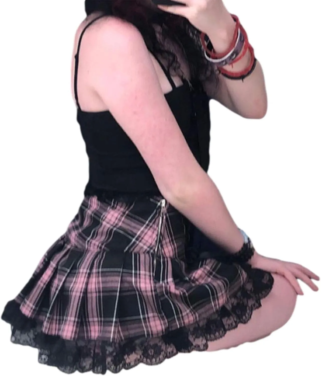 Women Lace Patchwork Pleated Skirt High Waist Gothic Short Skirt Ruffle Plaid A-Line Mini Skirt E-Girl Streetwear