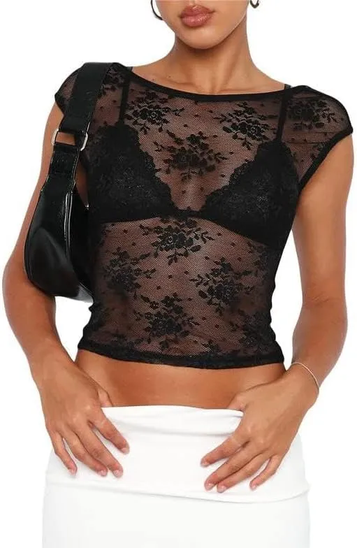 Women Short Sleeve Crop Top Y2k Floral Lace Backless Top Sheer Mesh See Through Top Going Out Streetwear