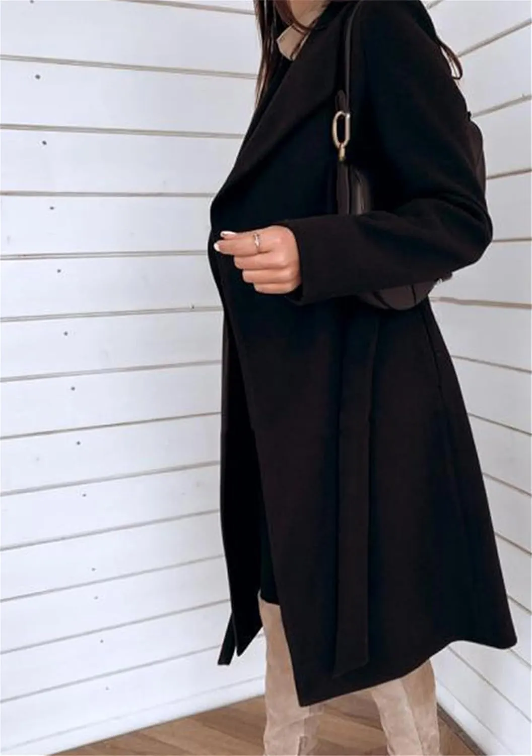Women Solid Color Long Sleeve Trench Coat Lapel Collar Belt Jackets Wool Blend Wrap Work Long Coats