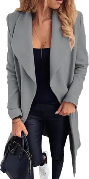 Women Solid Color Long Sleeve Trench Coat Lapel Collar Belt Jackets Wool Blend Wrap Work Long Coats