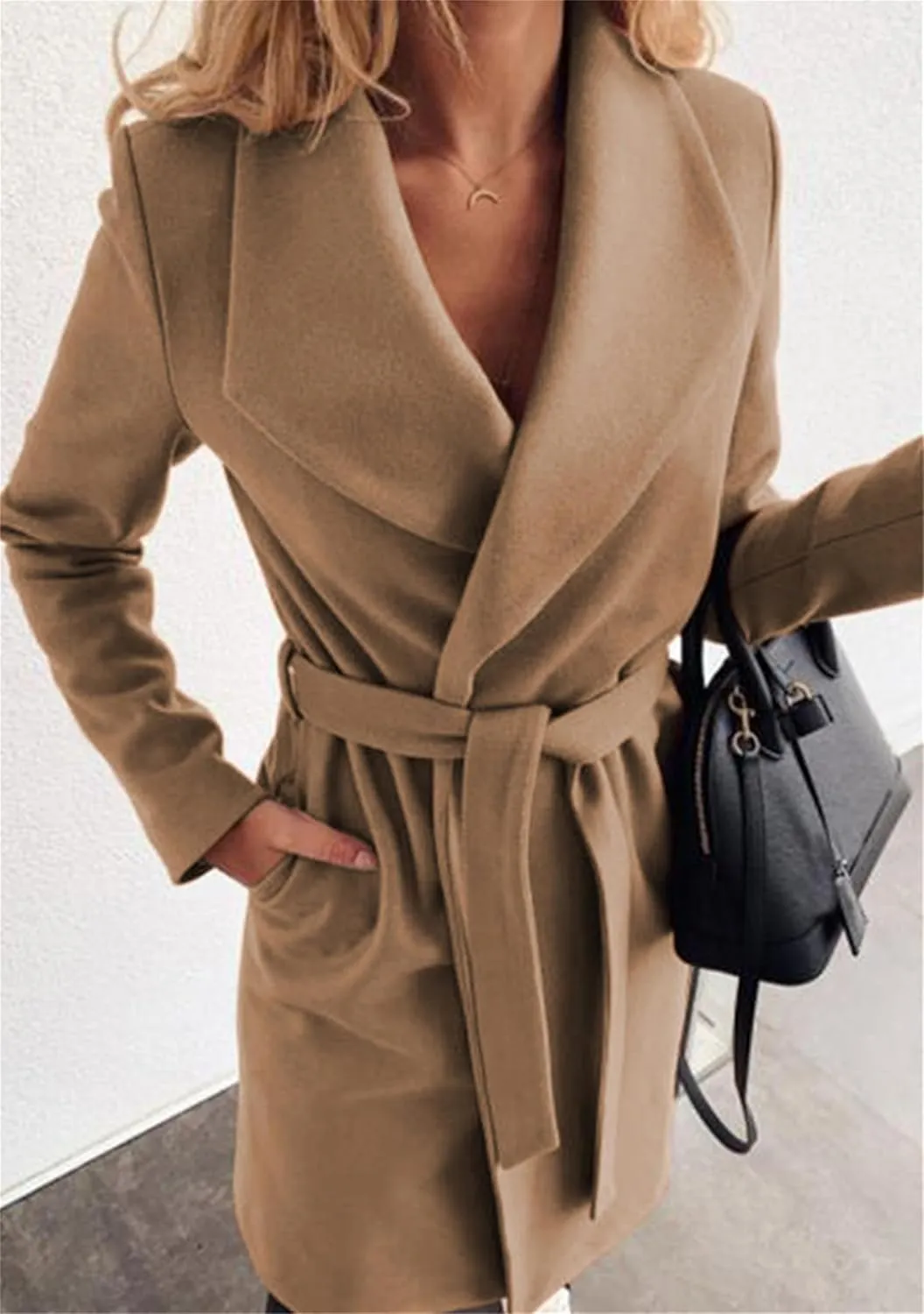 Women Solid Color Long Sleeve Trench Coat Lapel Collar Belt Jackets Wool Blend Wrap Work Long Coats