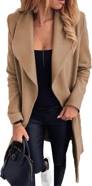 Women Solid Color Long Sleeve Trench Coat Lapel Collar Belt Jackets Wool Blend Wrap Work Long Coats