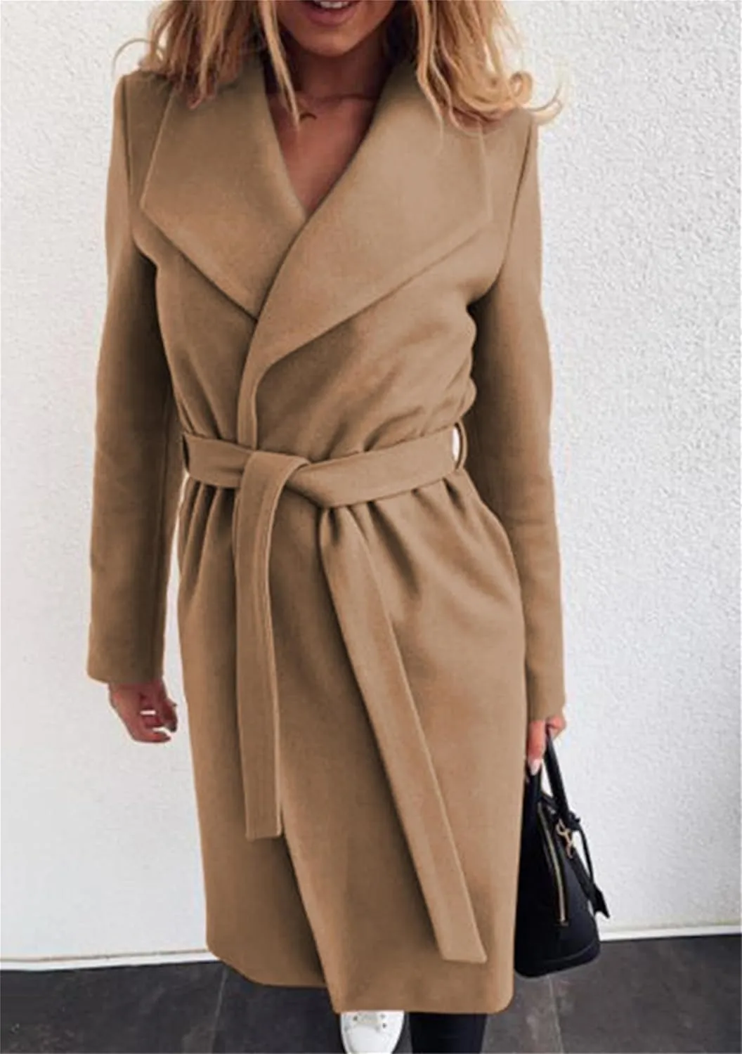 Women Solid Color Long Sleeve Trench Coat Lapel Collar Belt Jackets Wool Blend Wrap Work Long Coats