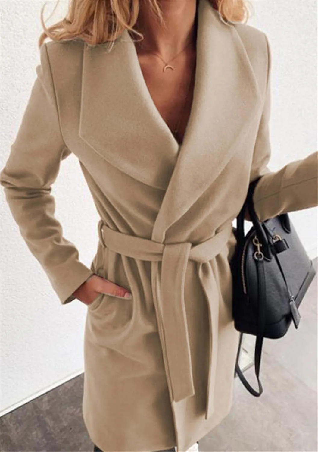 Women Solid Color Long Sleeve Trench Coat Lapel Collar Belt Jackets Wool Blend Wrap Work Long Coats