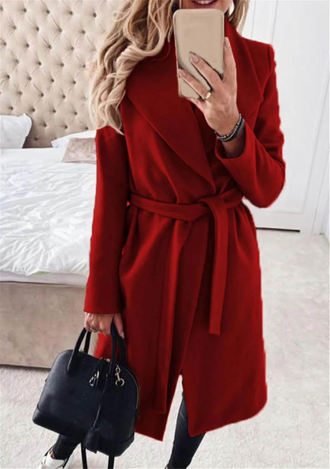 Women Solid Color Long Sleeve Trench Coat Lapel Collar Belt Jackets Wool Blend Wrap Work Long Coats
