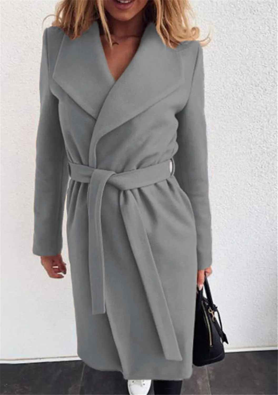 Women Solid Color Long Sleeve Trench Coat Lapel Collar Belt Jackets Wool Blend Wrap Work Long Coats