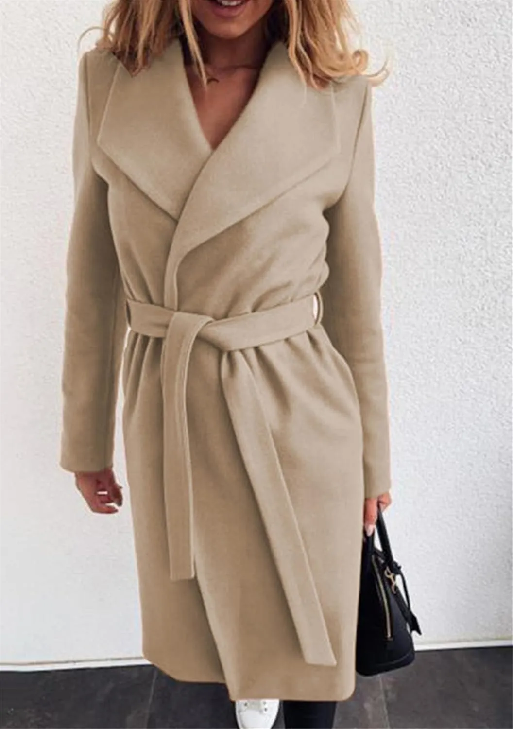 Women Solid Color Long Sleeve Trench Coat Lapel Collar Belt Jackets Wool Blend Wrap Work Long Coats