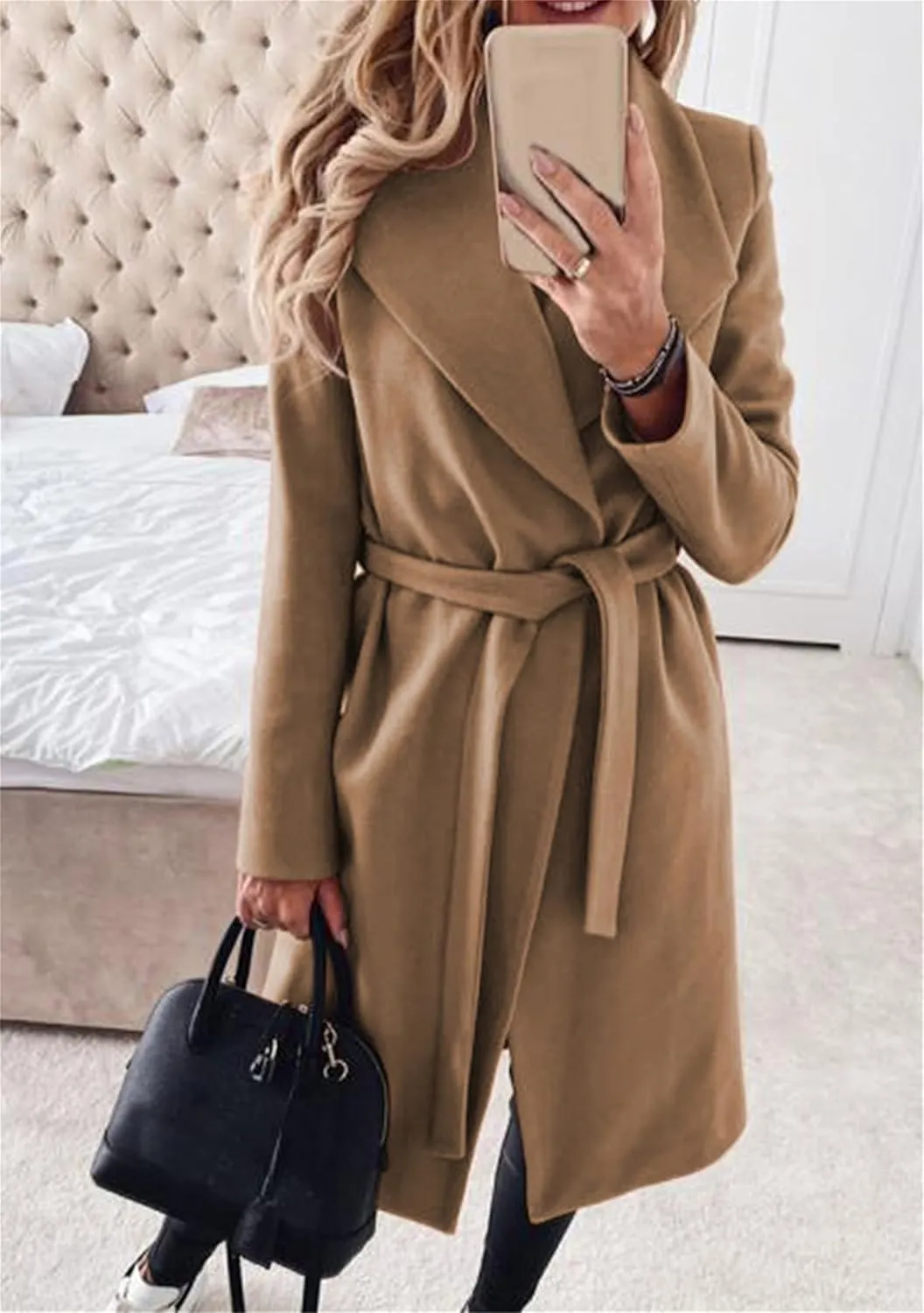 Women Solid Color Long Sleeve Trench Coat Lapel Collar Belt Jackets Wool Blend Wrap Work Long Coats